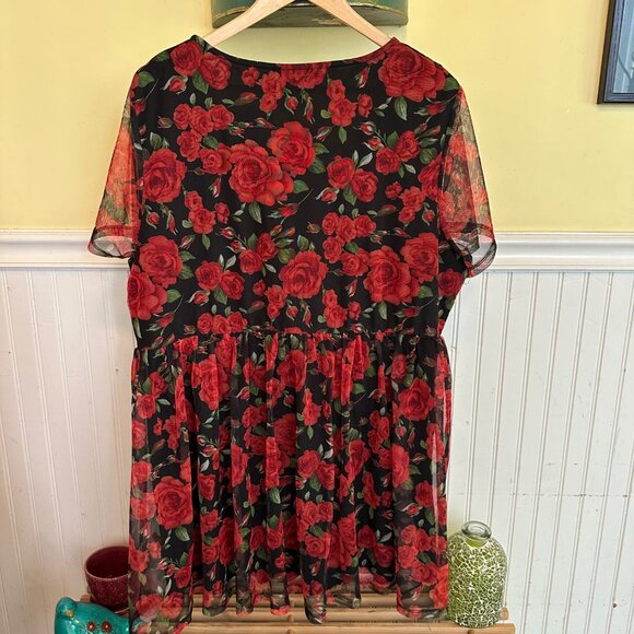 Delia's 2X Roses babydoll top sheer layered flowy Black red Plus size - Picture 2 of 5